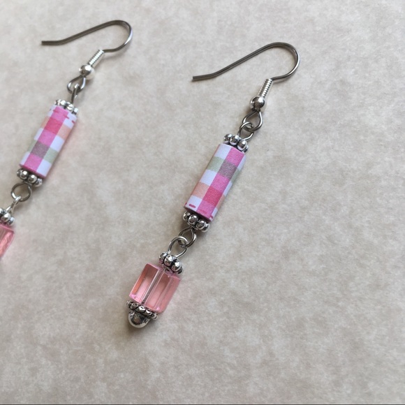 4/$25 Earrings Pink Green Orange Plaid Silver Tone - Picture 5 of 7